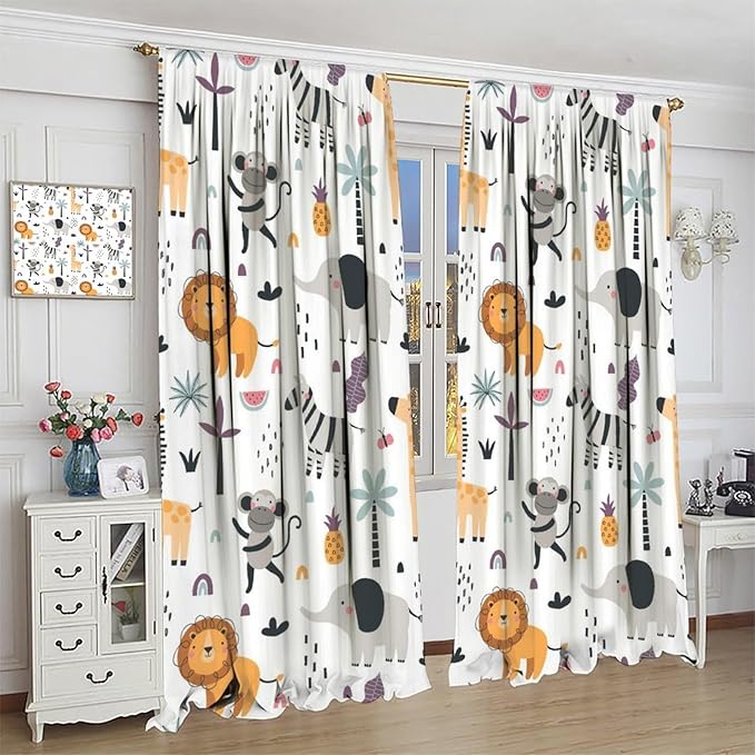 Cute Cartoon Animals Curtains Tropical Jungle Animals Elephant Giraffe Monkey Lion Modern Abstract Aesthetics for Kids Boys Bedroom Nursery Rod Pocket Decoration Window Drapes 2 Panels W26xL84in