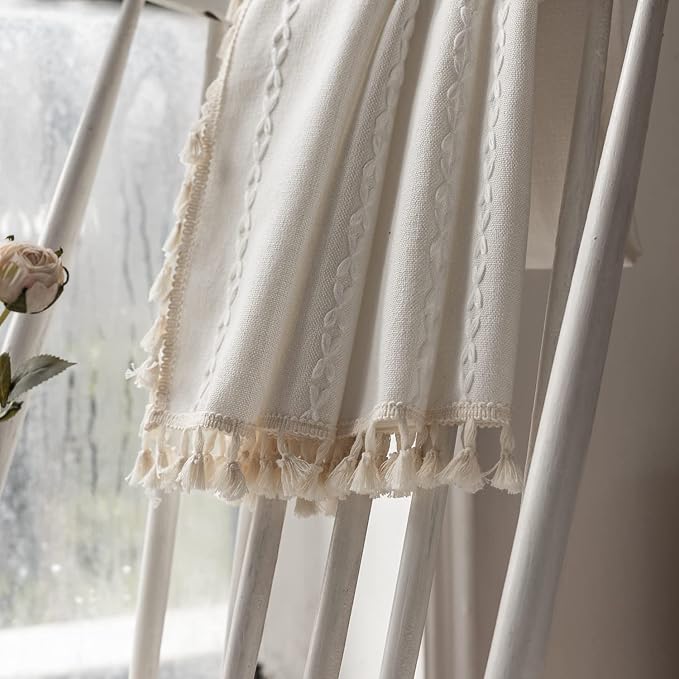 Deeprove White Boho Curtains 108 Inches Long for Bedroom Balcony Courtyard Hall Decor, Bohemian Embroidery Cream Cotton Linen French Country Window Treatment Tassel Drape, W52 x L108, 1 Panel