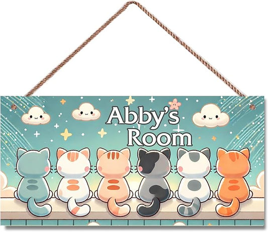 Personalized Sign Cute Cats Wooden Sign For Kids Room Boys Bedroom Door Decor,Custom Name Cat Wall Art Decor Decorative Plate for Nursery Little Man Cave