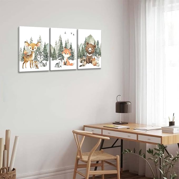 3Pcs Woodland Animal Nursery Canvas Wall Art Forest Adventure Theme Animals Picture Posters Wall Decor Cute Watercolor Deer Bear Fox Painting Print Artwork for Kids Baby Bedroom Decor 16x24in