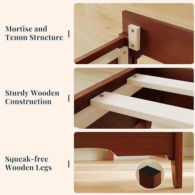 King Bed Frame and Headboard, Wooden Platform Bed with Wood Slats Support, Modern Bed Frame with Storage&Charging Station, No Box Spring Needed, Easy Assembly, Noise Free, Brown