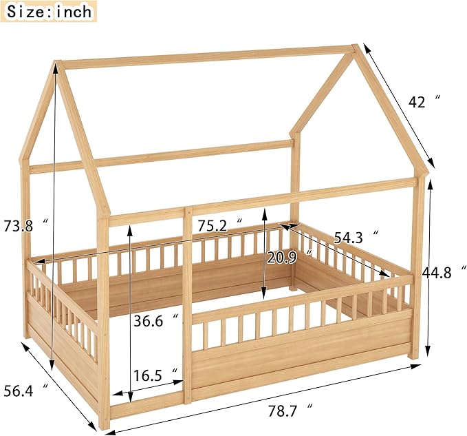 Full Size House Bed with High Fence for Kids,Full Floor Bed Frame, Kids Montessori Bed Full Size,Solid Wood House Bed Frame for Boys,Girls,Natural