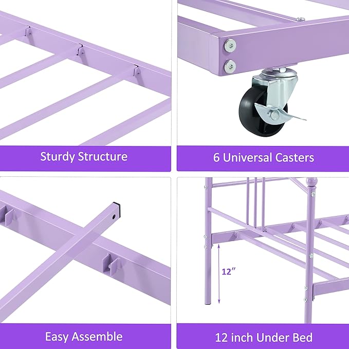 GarveeHome Daybed with Trundle, Sturdy Metal Day Bed with Steel Slat Support, Trundle Bed Twin with Arched Headboard, SofaBed for Living Room, Bedroom and Guest Room, Purple