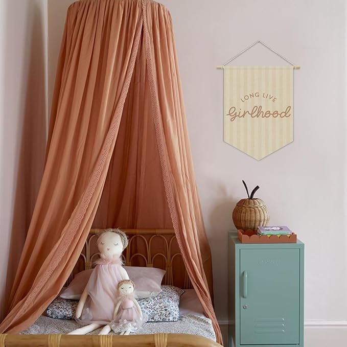 Girl Nursery Decor, Long Live Girlhood Linen Canvas Banner, Neutral Striped Wall Hanging Pennant Flag Banner for Girl Nursery Toddler Kids Room Bedroom Dorm Playroom Decor, 15x11in