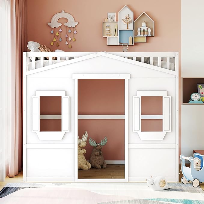 Full Size Loft Bed with Safety Guardrail for Kids Boys Girls, Playhouse Design Solid Wood Loft Bed Frame with Ladder and Windows, Strong Wood Slats Support, Space-Saving (White)