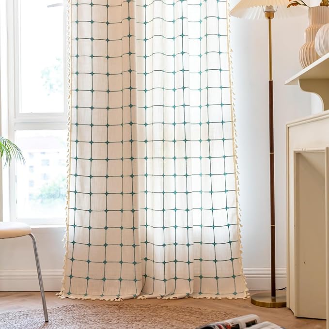 Deeprove Boho Curtains 84 Inches Long for Bedroom, Cotton Linen Plaids Turquoise Embroidery Semi Blackout Bohemian Farmhouse Window Treatment Grids Drape Tassels, 1 Panel W52 x L84 Beige