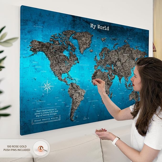 ElephantStock - My World Push Pin Travel Map Iii Wall Art - Horizontal Canvas Wall Art - Living Room Wall Decor - Digital Art Map Canvas Art - Turquoise And Blue Decor - 51" x 34"