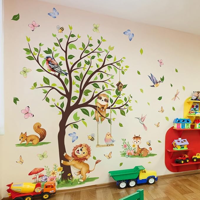 Woodland Animals Large Tree Wall Decals, Lion Sloth Deer with Birds Butterflies Wall Decals for Nursery Room Kids Bedroom Toddler Room Decor, 70.47x51.18 inches,