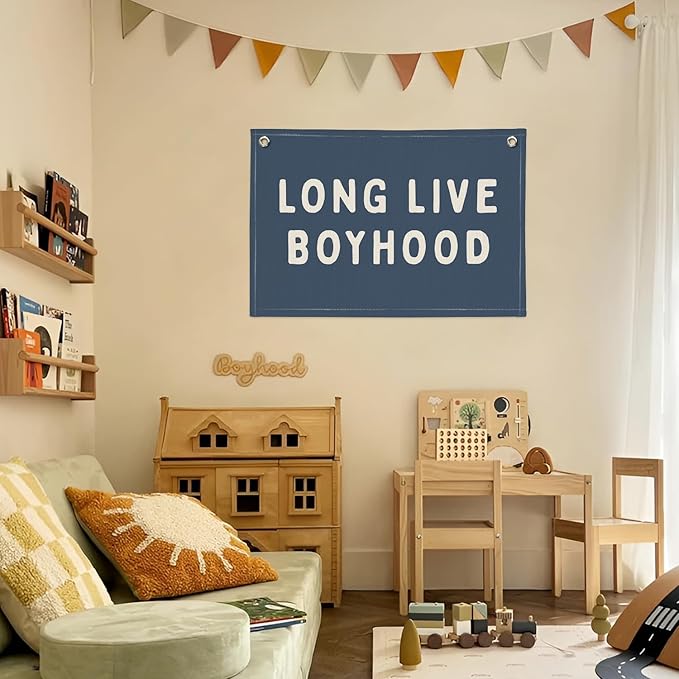 Long Live Boyhood Banner, Canvas Wall Hanging Banner Flag for Nursery Playroom, Toddler Boys Kids Room Decor (Navy Blue)