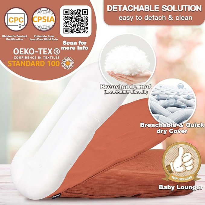 Baby Lounger for Newborn - Snuggle Cozy Me Lounger | Breathable Soft Cotton, 0-24 Months Portable Playtime Baby Nest, Newborn Baby Essentials Gifts- Orange (1 Lounger + 1 Cover)