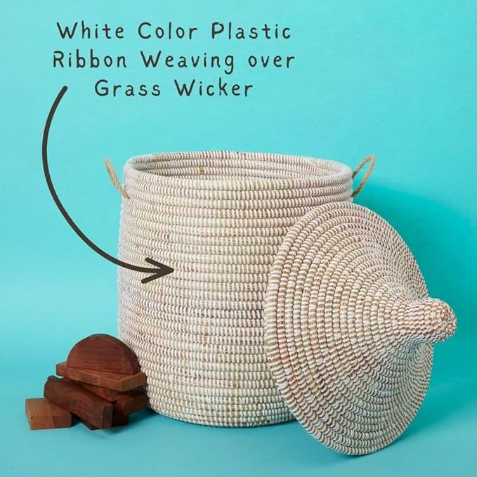 Wicker Basket, Storage & Organization, Home Decor, Laundry Hamper Bedroom, Baby Nursery Toys Bin, Blankets Storage Living Room, Bathroom Towels Holder, Woven, Round, Lid, Handles, White, Small