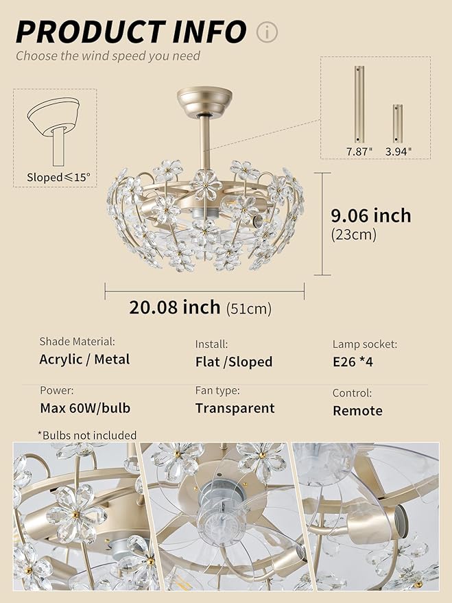 20" Gold Crystal Fandelier Ceiling Fan with Light, Mid-Century Flower Chandelier Ceiling Fan with Light Remote Control, Modern Caged 6 Speeds for Bedroom, Nursery, Foyer, Living Room