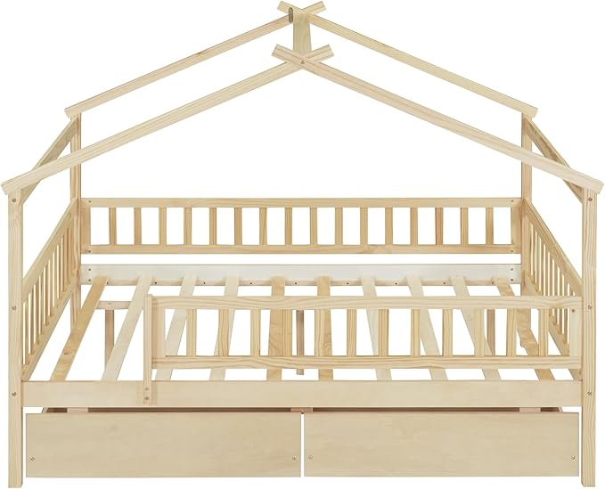 Merax Full Size Wooden House Bed with Two Drawers, Wood Bed Frame with Roof and Safety Guardrail for Kids, Teens, Boys or Girls, Natural