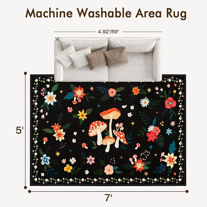 5x7 Machine Washable Area Rug, Non-Slip Vintage Floral Floor Rugs for Kids, Low Pile Room Carpet for Living Room, Bedroom, Dining Room & Nursery(5x7 Black Mushroom)