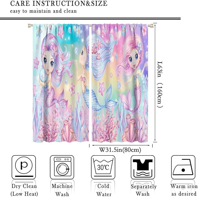 Cartoon Mermaid Kids Curtain Fantasy Ocean Theme Coral Flower Floral Window Treatment for Kids Girls Bedroom Nursery Room Decor Rod Pocket Blackout Window Drapes 63x63in