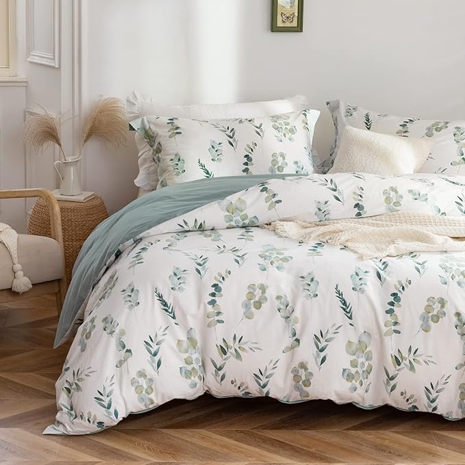 MILDLY King Duvet Cover Sage Green - 100% Washed Cotton Eucalyptus Printed Linen Feel Comforter Cover 3pcs with Zipper Closure Corner Ties