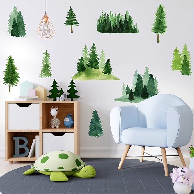 Watercolor Pine Tree Wall Decals Green Pine Tree Wall Sticker Large Tree Wall Decals Nature Woodland Forest Tree Wall Stickers for Nursery Bedroom Living Room Decor