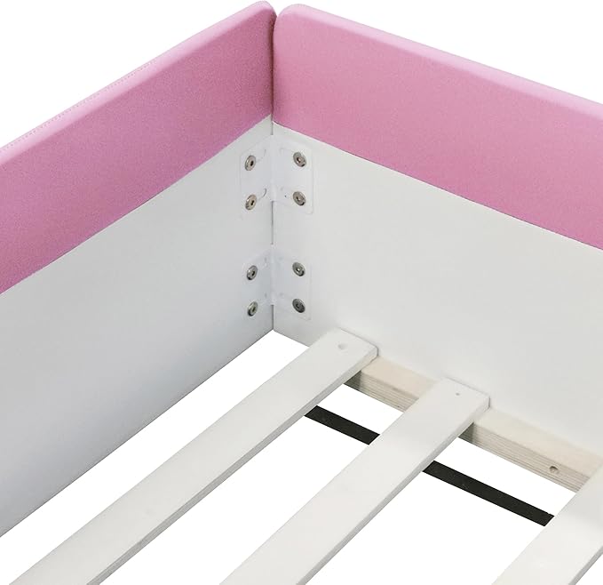 Full Size Upholstered Daybed Frame with Fence and Stairs, Montessori Kids Floor Bed with Sturdy Slat Support for Kids Boys Girls