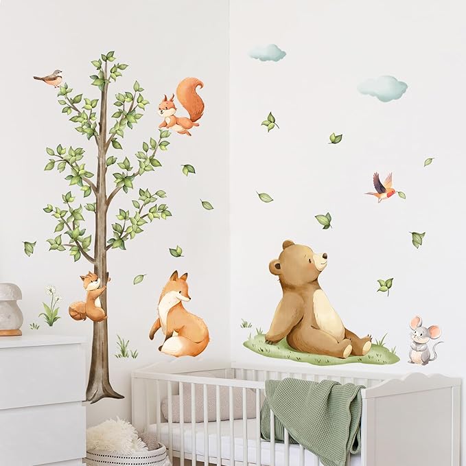 Tanlaby Forest Animals Tree Wall Decals Bear Fox Safari Wall Stickers Peel and Stick Large Green Tree Art Decor for Baby Nursery Kids Toddler Bedroom Playroom