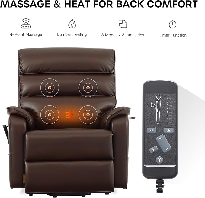 DYNOX Big Man Large-Wide Power Dual Motor Lift Recliners Chairs for Elderly Lay Flat Lift Chair with Infinite Positions, Heat & Massage, Supports 400 LBS(9298,Faux Leather,Brown)