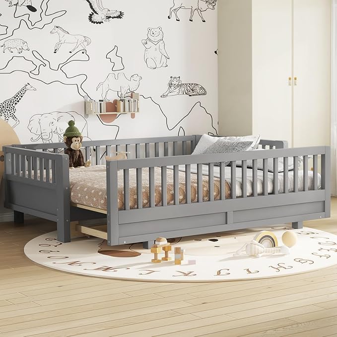 KEIKI Solid Wood Expandable Twin XL Size Floor Bed for Kids with Guardrails, Can Be Converted into a Queen Bed Platform, Montessori Low Profile Bedframe Daybed for Girls Boys, No Box Spring Needed