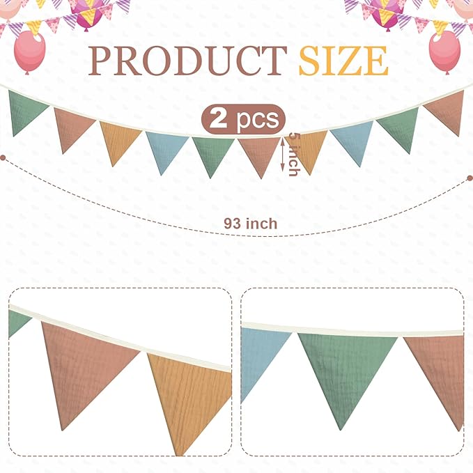 Oudain 15.5 ft Pennant Banner Flags, 2 Pcs Nursery Garland Triangle Bunting Flag Baby Banner for Nursery Decor Baby Birthday Boho Wedding Shower Party Event, Each 7.75 ft(Warm Color)