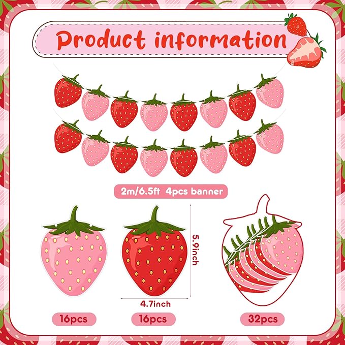 Lewtemi 4 Pcs Berry First Birthday Decor Strawberry Baby Shower Decorations Hanging Banner Berry Garland for Strawberry Themed Party Favors Supplies(Red, Pink)