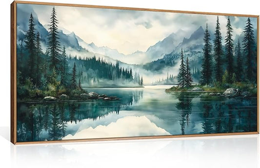 HLNIUC Green Foggy Forest Mountain Wall Art Framed,Large Boho Watercolor Pine Tree Wall Decor (20"x40"), Nature Dark Lake Landscape Scenery Canvas Painting for Living Room, Bedroom, Office