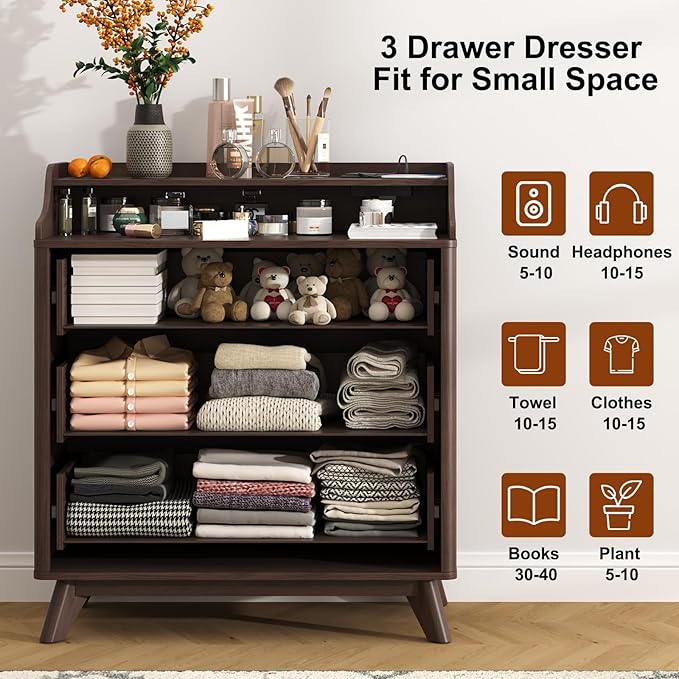3 Drawer Dressers for Bedroom, 32" Large Wood Storage Dresser & Chest of Drawers with Charging Station, Wide Modern Dressers with 3 Drawer Storage Organizer for Bedroom Living Room Closet Brown