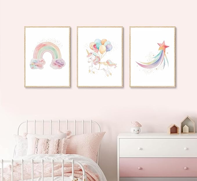 Burshley 3pcs Unicorn Wall Art Canvas Prints Watercolor Rainbow Unicorn with Colorful Balloons Star Posters Paintings Pink Wall Decor for Kids Room Nursery Decoration Unframed