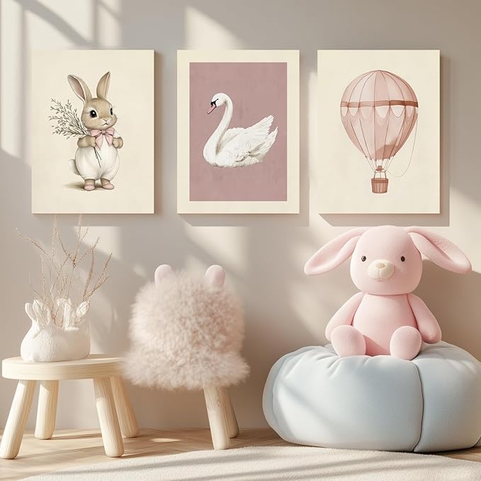 Hianan Pink Baby Girl Nursery Wall Decor Cute Bunny Wall Art Cozy Rabbit Canvas Artwork Elegant Swan Poster Prints Vintage Hot Air Balloon Painting Prints for Kid's Room Baby Room Framed 16"x24"x3