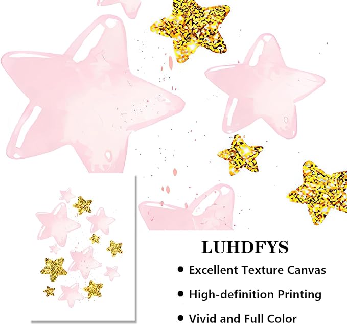 LUHDFYS Pink Moon and Stars Canvas Wall Art Print,Modern Cute Rainbow Picture,Unframed Children's Room Decor