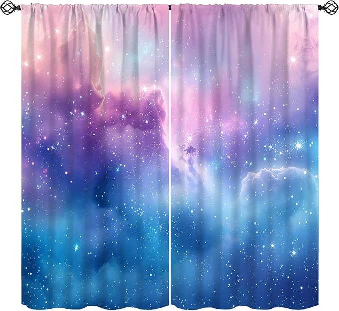 Starry Sky Galaxy Curtains, Outer Space Glitter Dreamy Gradient Romantic Window Curtains Drapes for Kids Girls Boys Adults Bedroom Nursery 42" W X 45" L(No Blackout)