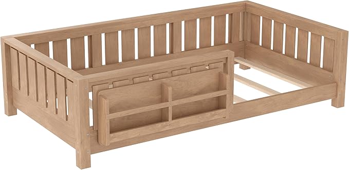 Bellemave Twin Size Floor Bed with high Rails and with Built-in Bookshelf for Kids, Girls, Boys, Wood Montessori Floor Bed Without Door, Natural