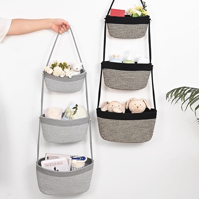 Hanging Storage Baskets, 3-Tier Over the Door Basket, Cotton Wall Baskets Storage, Detachable Hanging Door Basket with 4 Hooks, Over the Door Organizer Nursery for Bedroom, Living Room, Bathroom Wall