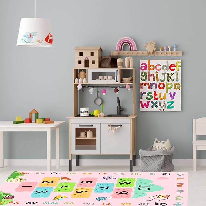 Cute Soft Educational Hopscotch Kids Room Rug with Numbers ABC Alphabet, Washable Pink Girls Play & Learning Rugs for Bedroom Playroom Classroom, Toddler Baby Play Area Nursery Carpet Rug 63"x31.5"