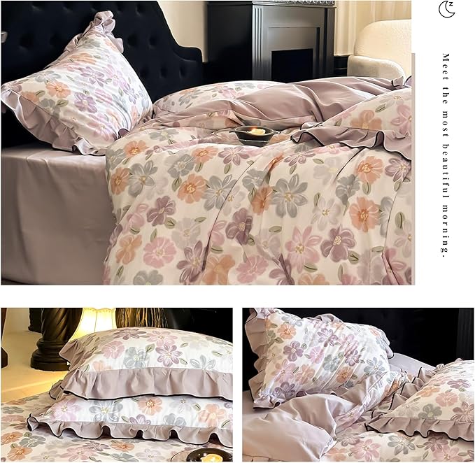 HighBuy Purple Floral Duvet Cover Twin XL Ruffle Lace Design,Premium Brushed Cotton Coquette Rose Floral Comforter Cover Set for College,Farmhouse Bedding Set with 2 Pillowcases