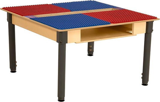 Contender Time-2-Play 35" W Square Build & Learn Compatible with Duplo Table with Trough & Shelf (with Gliders, Red & Blue, 18"-29" Adjustable Legs)
