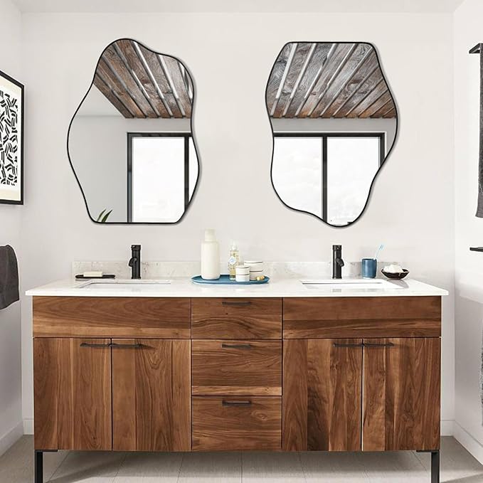 POZINO Irregular Shaped Mirror, 28"x20" Asymmetrical Mirror, Modern Wavy Mirrors, Funky Mirrors for Wall Decor Living Room Bathroom Bedroom Entryway
