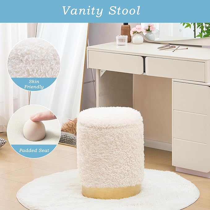 Mxfurhawa Velvet Storage Ottoman Multipurpose Footrest Stool with Metal Base Modern Round Vanity Stool Chair Ottoman Foot Stools Support 300 lbs Padded Seat for Living Room (White)