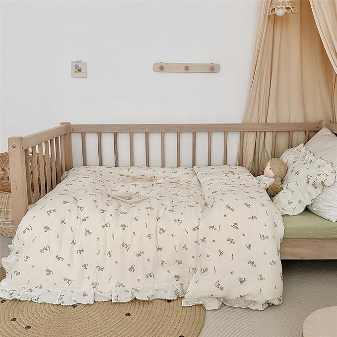 AOJIM Kids Crib Muslin Duvet Cover with Grey Rabbit, 1pc Cotton Baby Toddler Bedding 2-Layer Gauze Comforter Cover 59X79'', Ruffled Design Soft Duvet Protector for Girls Boys, No Quilt or Pillowcases