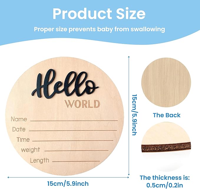 Baby Announcement Sign with Pen, 5.9 Inch Wooden Hello World Newborn Sign for Hospital, 3D Birth Announcement Board, Welcome Baby Name Signs for Nursery, Newborn Gift for Boy & Girl,Black