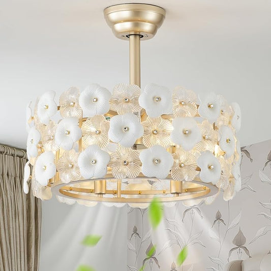 20" Gold Fandelier Ceiling Fan with Light, Caged Flower Chandelier Ceiling Fans with Lights Remote Control, Mid-Century Modern with 6 Speeds for Bedroom, Nursery