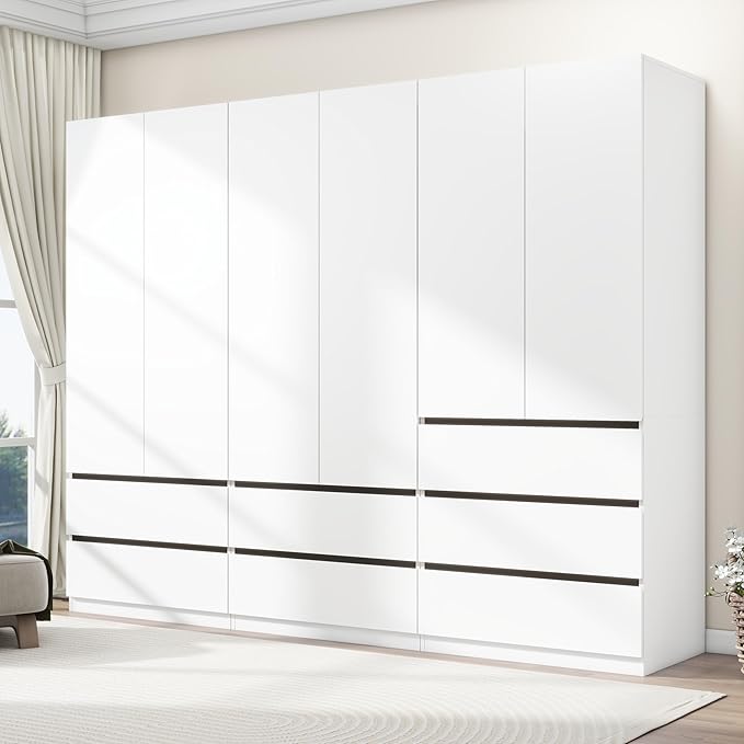 Armoire Wardrobe Closet with Drawers：75" Large White Wardrobe Closet Cabinet with 6 Doors for Hanging Clothes, Modern Wooden Bedroom Armoires with 7 Drawers and Storage (A+B+A, 94.5")