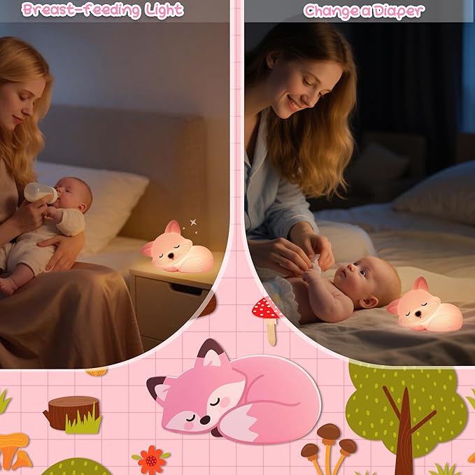 Fox Lamp for Girls, Pink Silicone Squishy Fox Shaped, 20 Mins Auto-Off Rechargeable Dimmable Night Light, Fox Gifts for Nursery Baby Girl Women, Christmas White Elephant Gifts Idea