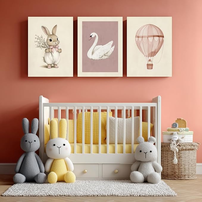 kilamino Pink Baby Girl Nursery Wall Art, Neutral Cute Rabbit and Swan Wall Decor, Vintage Hot Air Balloon Poster Prints, Pastel Bunny Animals Canvas Paintings for Baby Room Playroom Framed 12"x16"x3