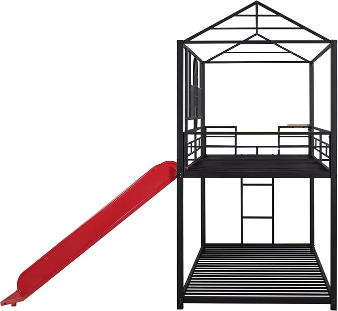MERITLINE Metal Bunk Bed Twin Over Twin Bunk Bed Frame with Slide,Twin Over House Bed with Guardrails