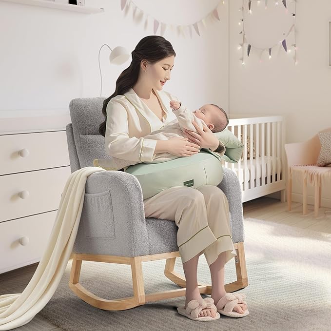 Rocking Chair Nursery, Modern Upholstered Glider Rocker with Side Pocket, Upholstered Lounge Chair with Solid Wood Base for Relaxin, for Living Room, Bedroom