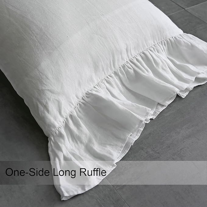 Ruffles Linen Pillowcase, Pure Flax Pillow Sham 100% French Linen Ruffled Pillow Cover, Standard, Queen, King Size 1 PCS (King, White)
