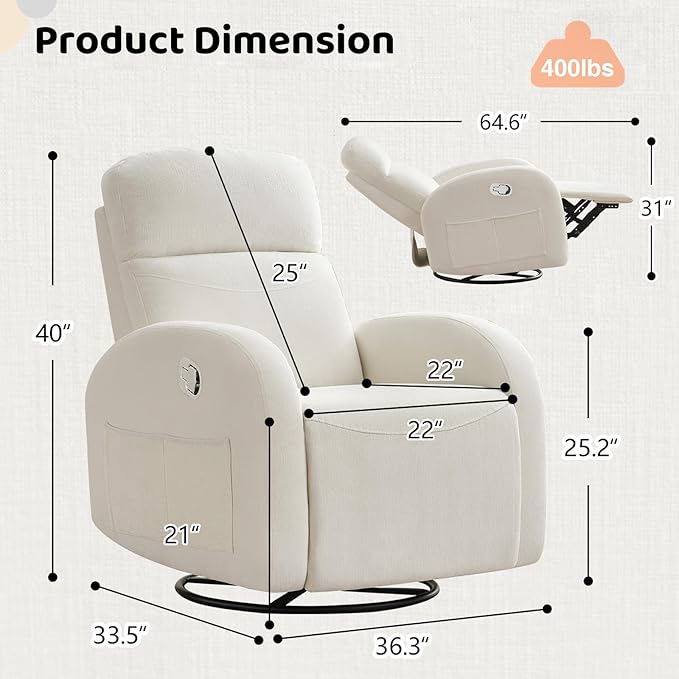 Swivel Recliner Rocker Nursery, Chenille Nursering Glider Recliner, Manual Swivel Rocking Reclining with Double Pockets for Living Room, Cream White